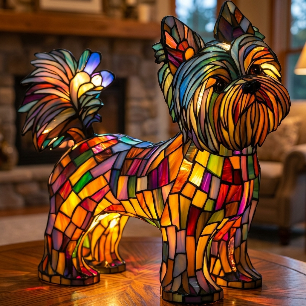 Radiant Yorkshire Terrier stained-glass lamp in a cosy living room