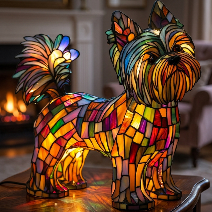 Radiant Yorkshire Terrier stained-glass lamp in a cosy living room