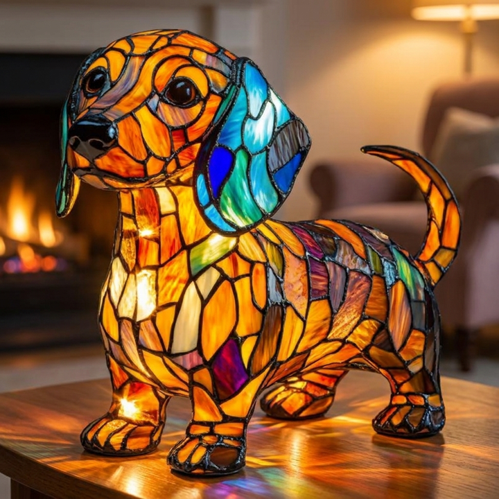 Radianza Teckel Dog stained-glass lamp in a cosy living room