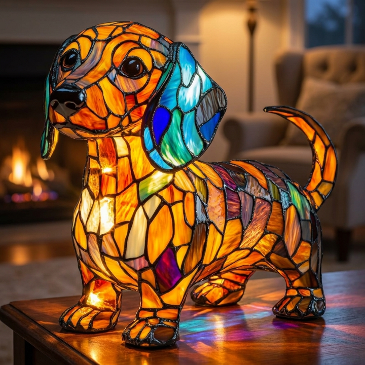 Radianza Teckel Dog stained-glass lamp in a cosy living room