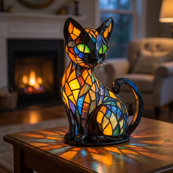 Graceful Feline stained-glass lamp in a cosy living room
