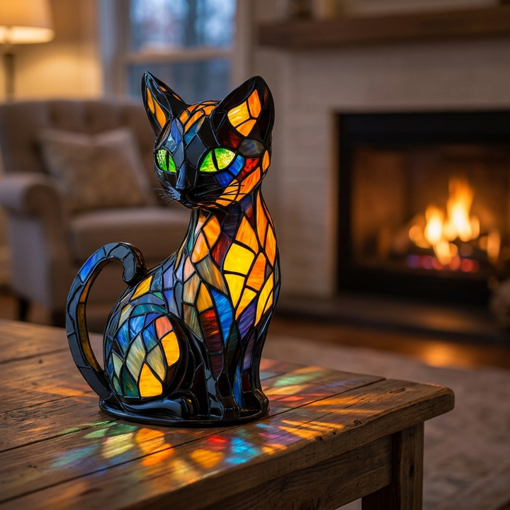 Graceful Feline stained-glass lamp in a cosy living room